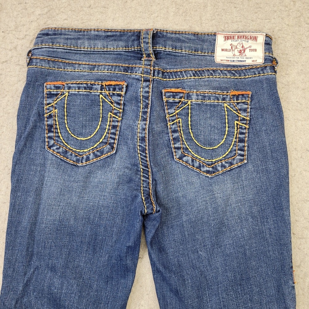 True Religion Slim Straight Big T Jeans Womens 28 Blue Thick Stitch World Tour